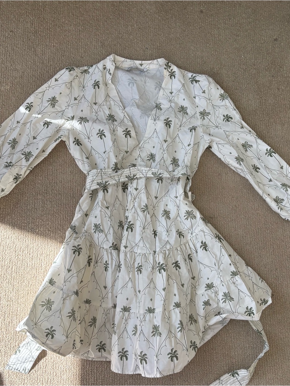 Zara White Mini Dress with Green Palm Print